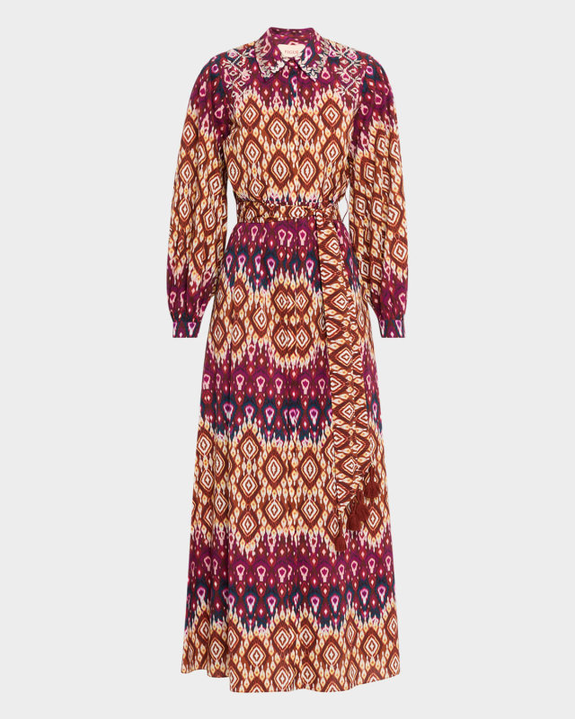 Daisy Medallion-Striped Long-Sleeve Maxi Shirtdress